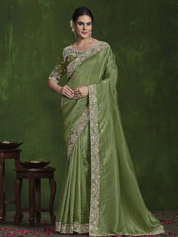 Green Crush Paper Silk Saree With Stitched Blouse